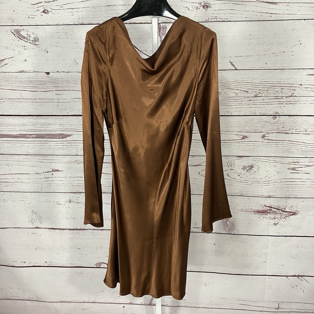 By‎ Anthropologie Dress Bronze Satin Open Back Long Sleeve Womens Size Large